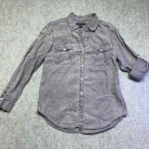 Tommy Bahama Linen Casual Button Down Shirt Gray Brown Size S Roll Tab Sleeve